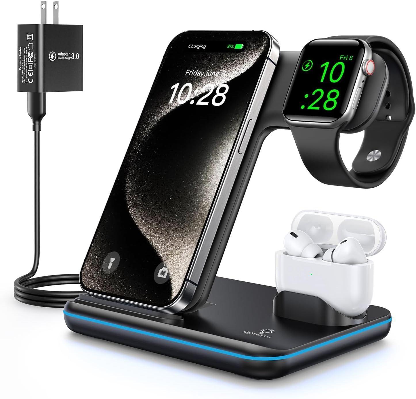 WAITIEE Wireless Charger 3-in-1 15W Fast Charging Station reconditionné - Reebelo France